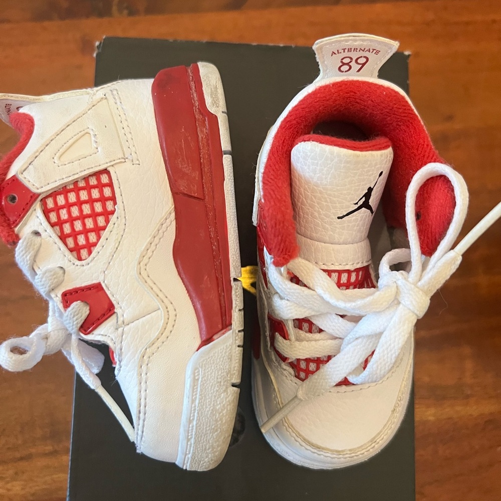 Kids Jordan White and Red Sneakers